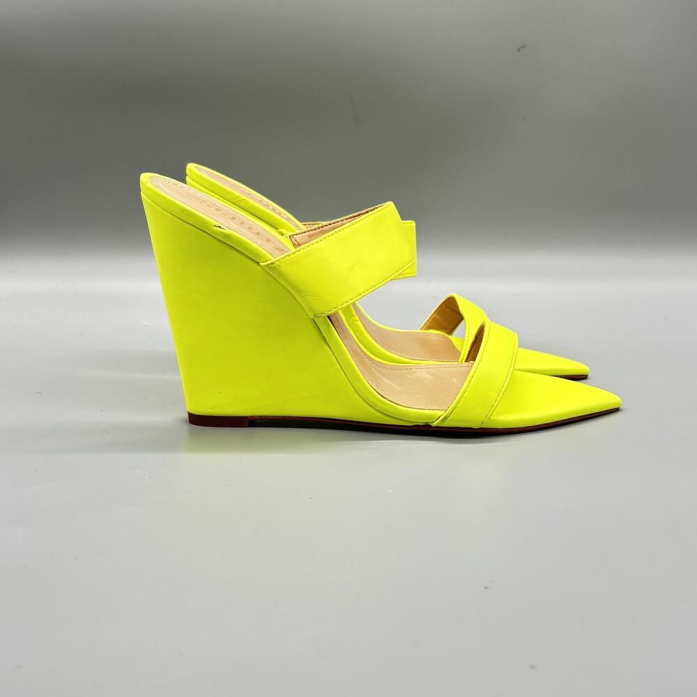 Schutz Shoes Womens 7 Yellow Leather Mule High Wedge Heels Pointed Toe Neon